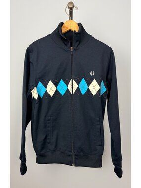 Fred Perry Sportswear Mens Size S Navy Blue Argyle Pattern Track Jacket